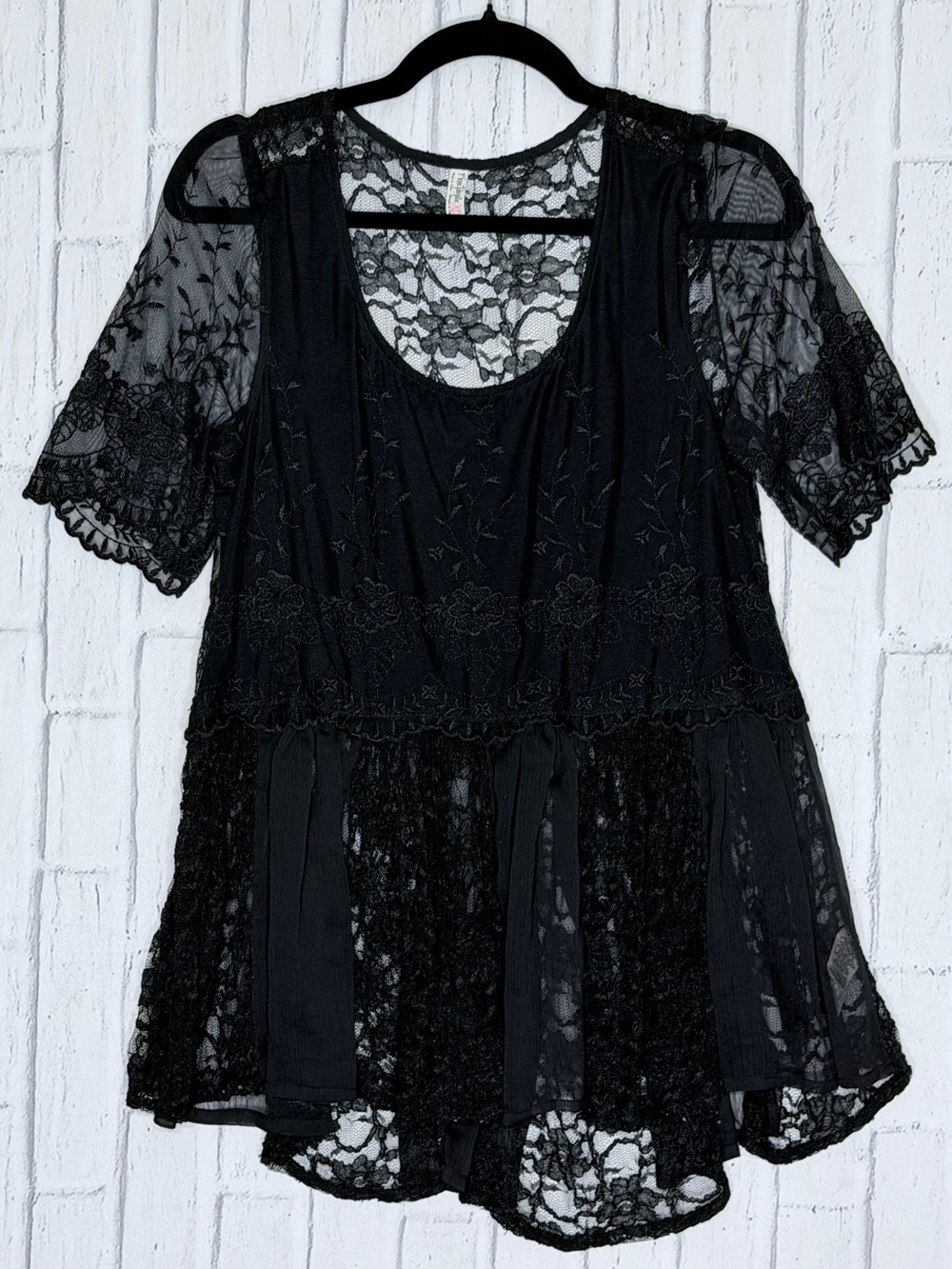 🖤 Free People XS Black Lace Patchwork Tunic Top Sheer Boho Romantic
